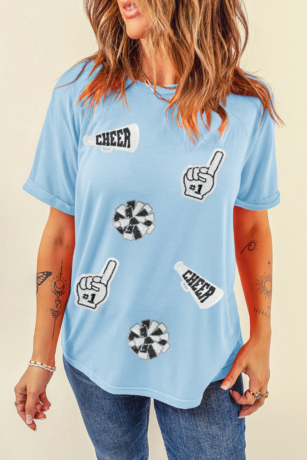 Light Blue Cheer Game Day Element Sequin Patched T Shirt - MAD RUFFI