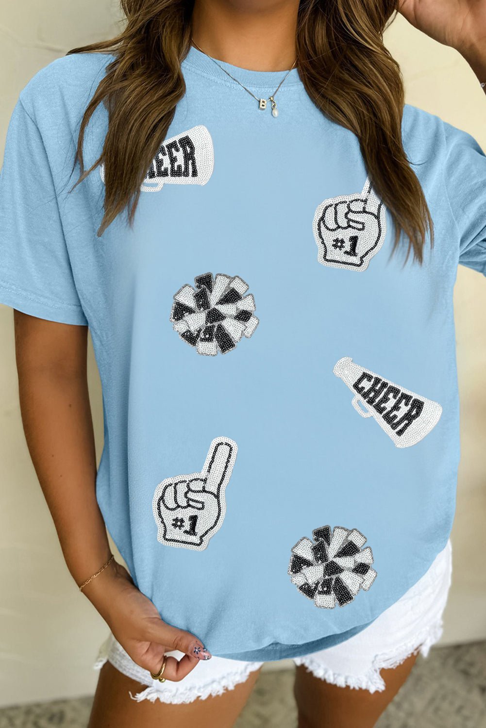 Light Blue Cheer Game Day Element Sequin Patched T Shirt - MAD RUFFI