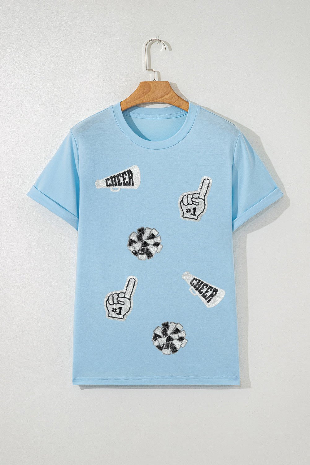 Light Blue Cheer Game Day Element Sequin Patched T Shirt - MAD RUFFI