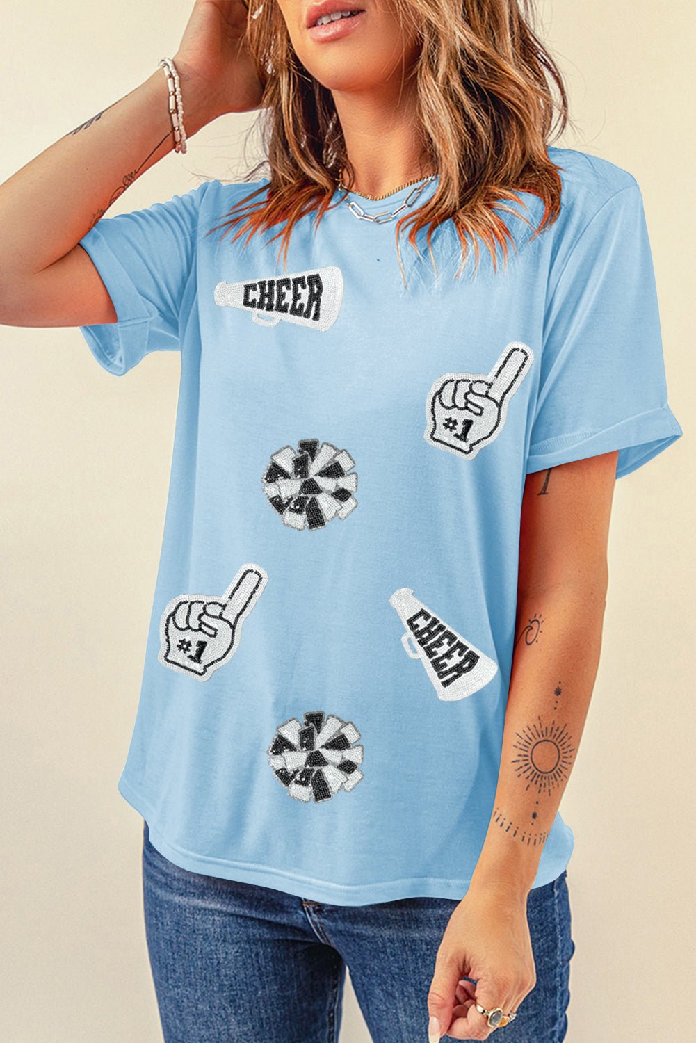 Light Blue Cheer Game Day Element Sequin Patched T Shirt - MAD RUFFI