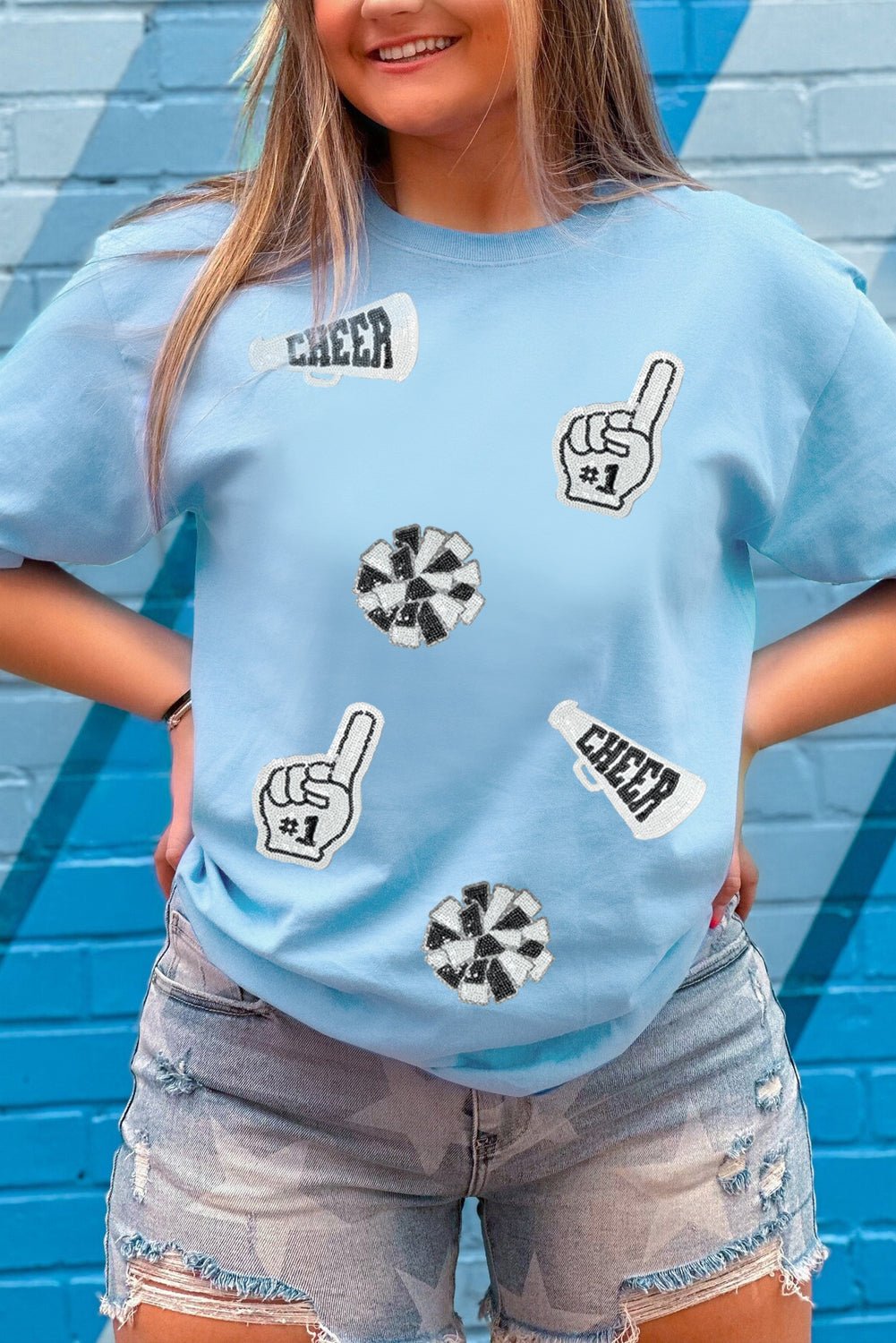 Light Blue Cheer Game Day Element Sequin Patched T Shirt - MAD RUFFI
