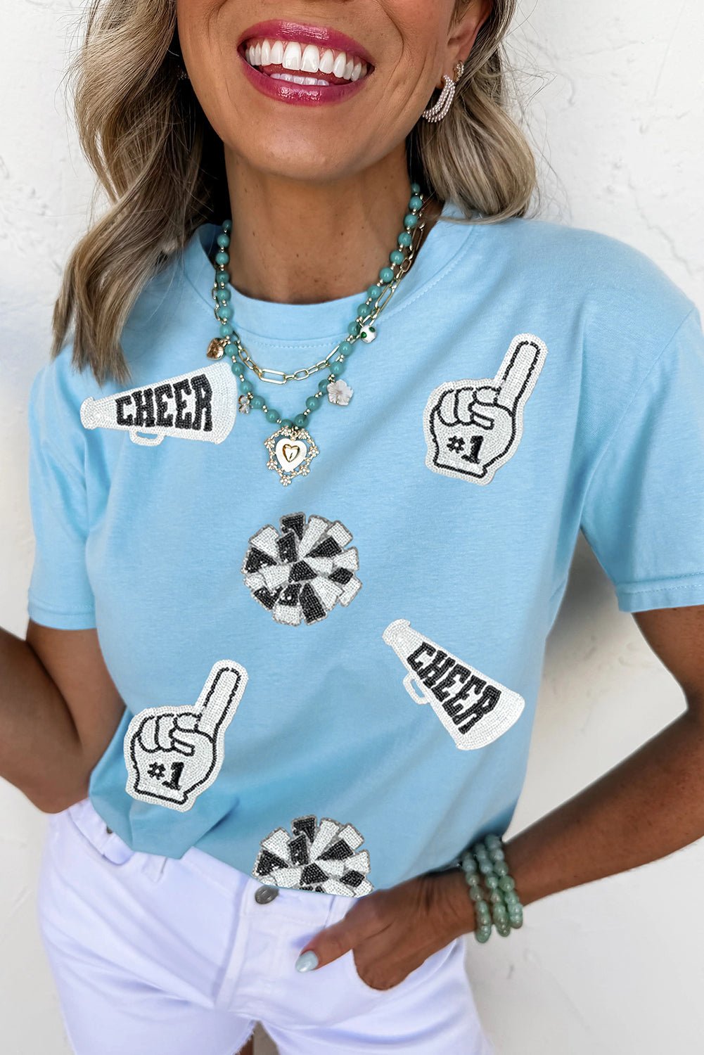 Light Blue Cheer Game Day Element Sequin Patched T Shirt - MAD RUFFI