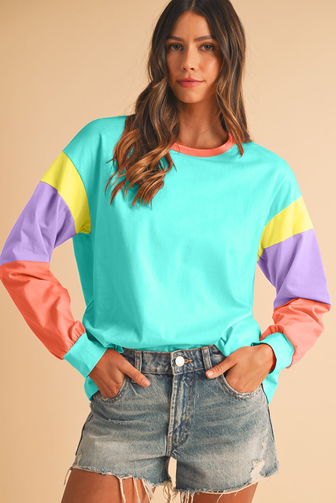Light Blue Color Block Sleeve Loose Fit Top - MAD RUFFI