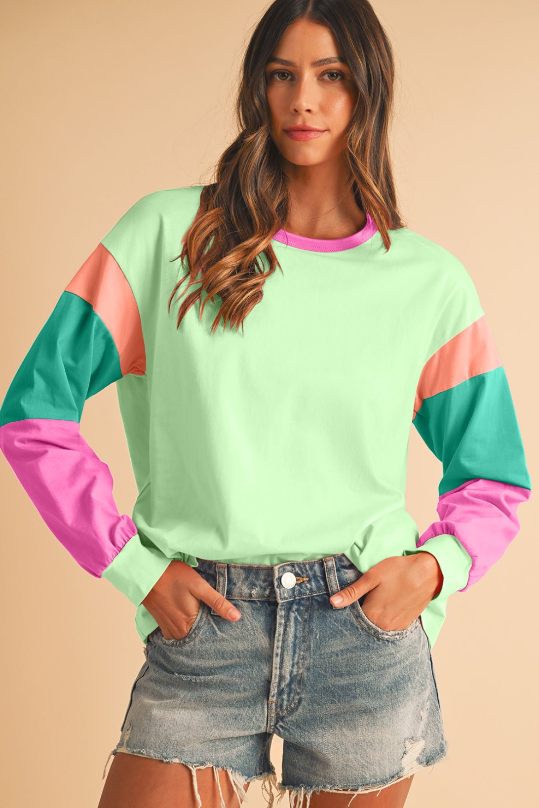Light Blue Color Block Sleeve Loose Fit Top - MAD RUFFI