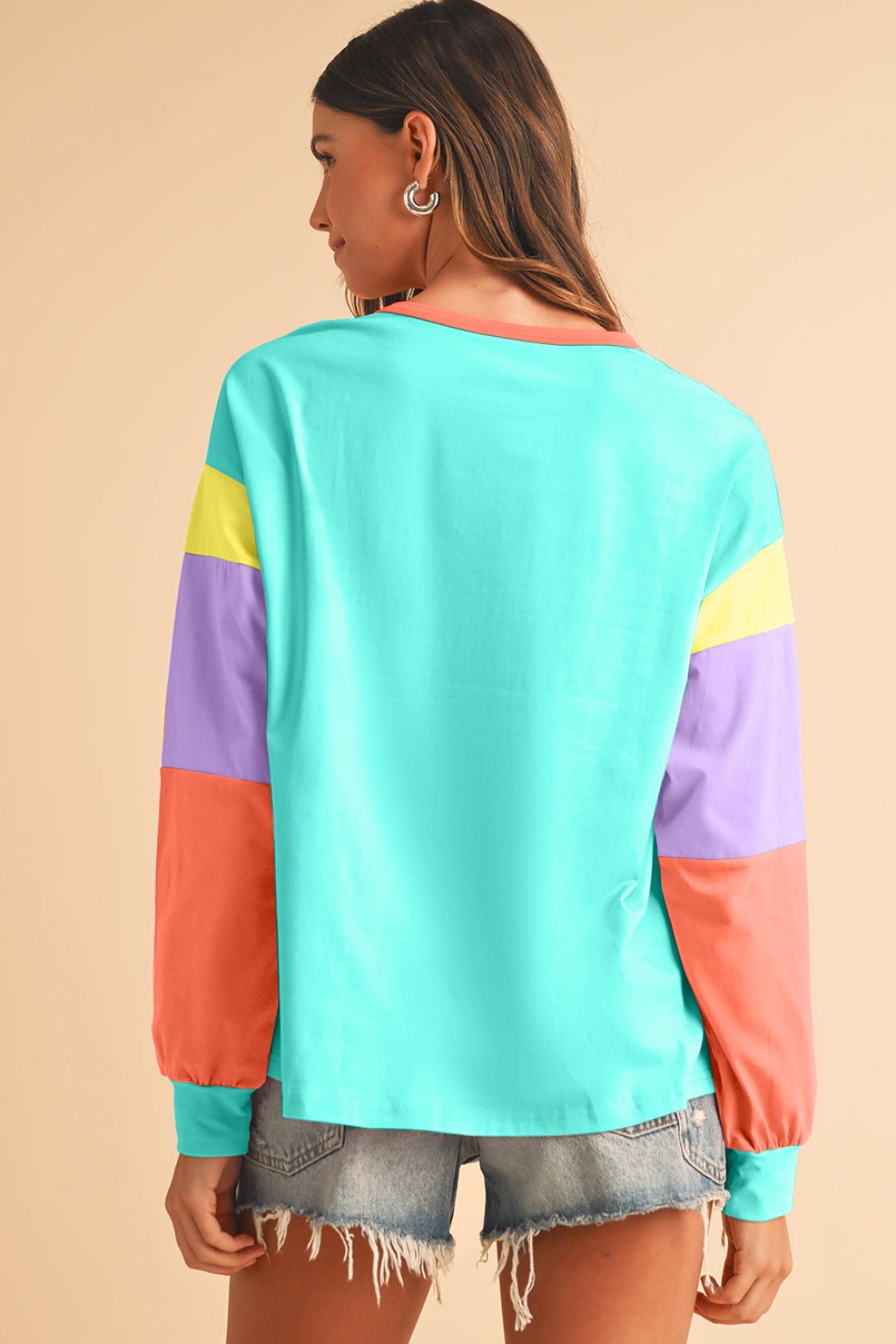 Light Blue Color Block Sleeve Loose Fit Top - MAD RUFFI