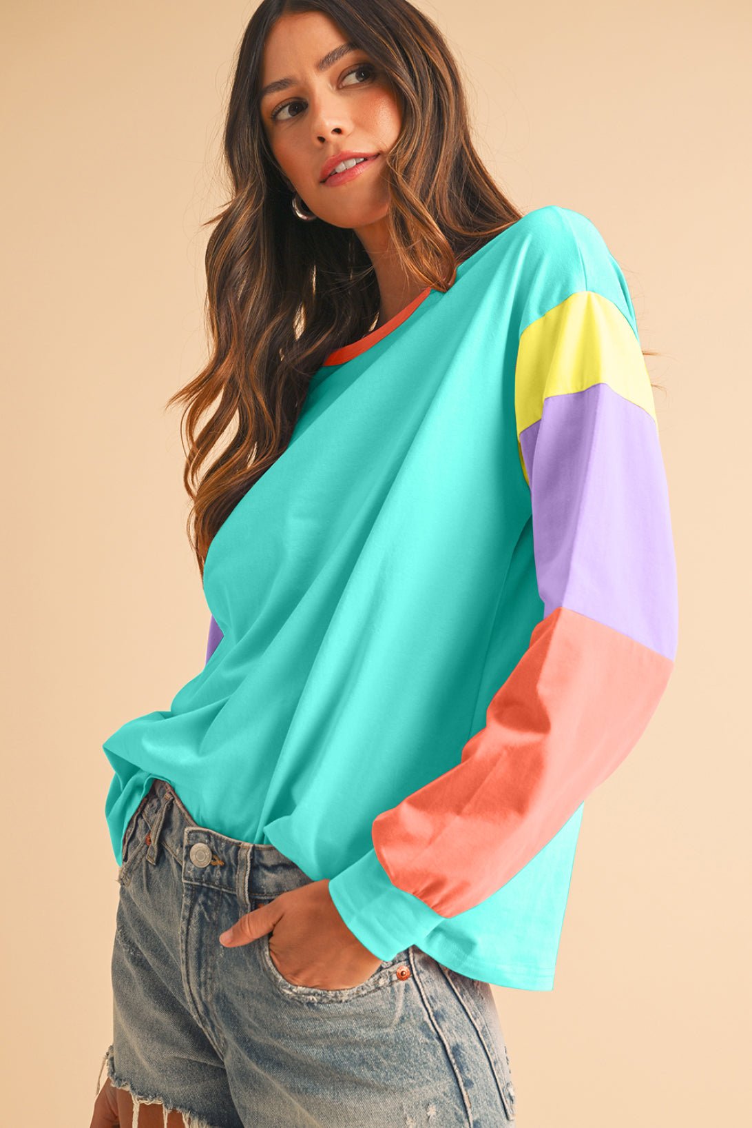 Light Blue Color Block Sleeve Loose Fit Top - MAD RUFFI
