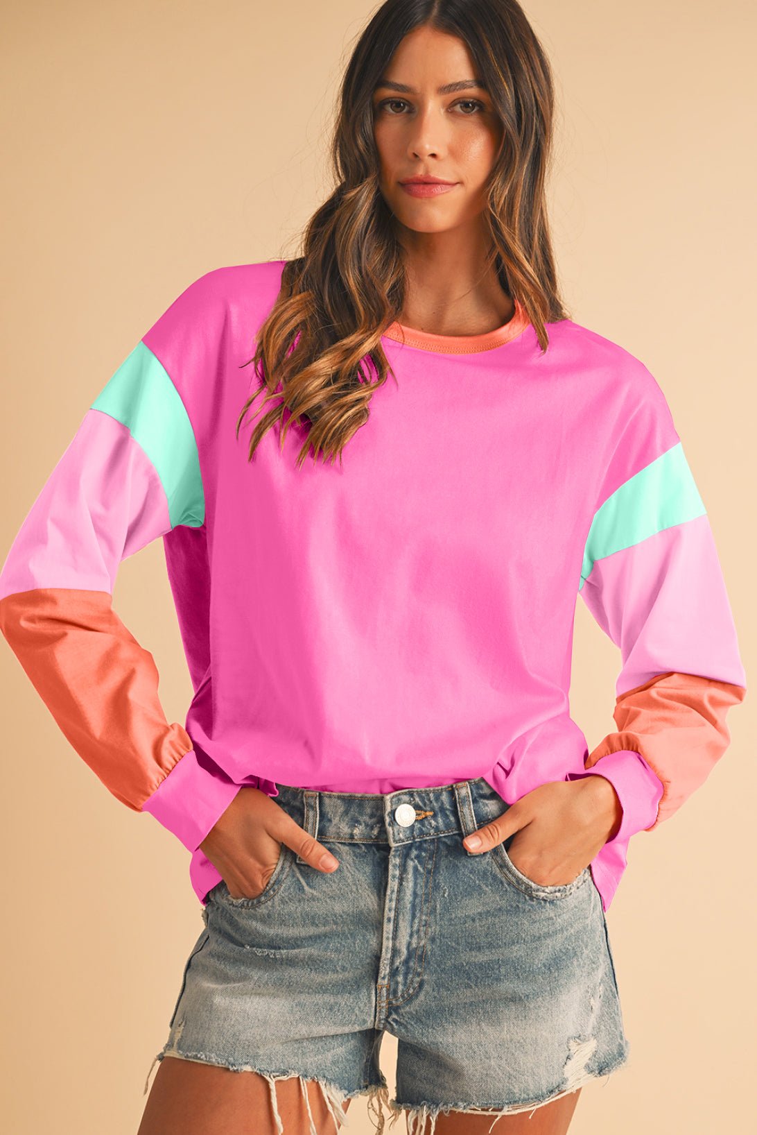 Light Blue Color Block Sleeve Loose Fit Top - MAD RUFFI