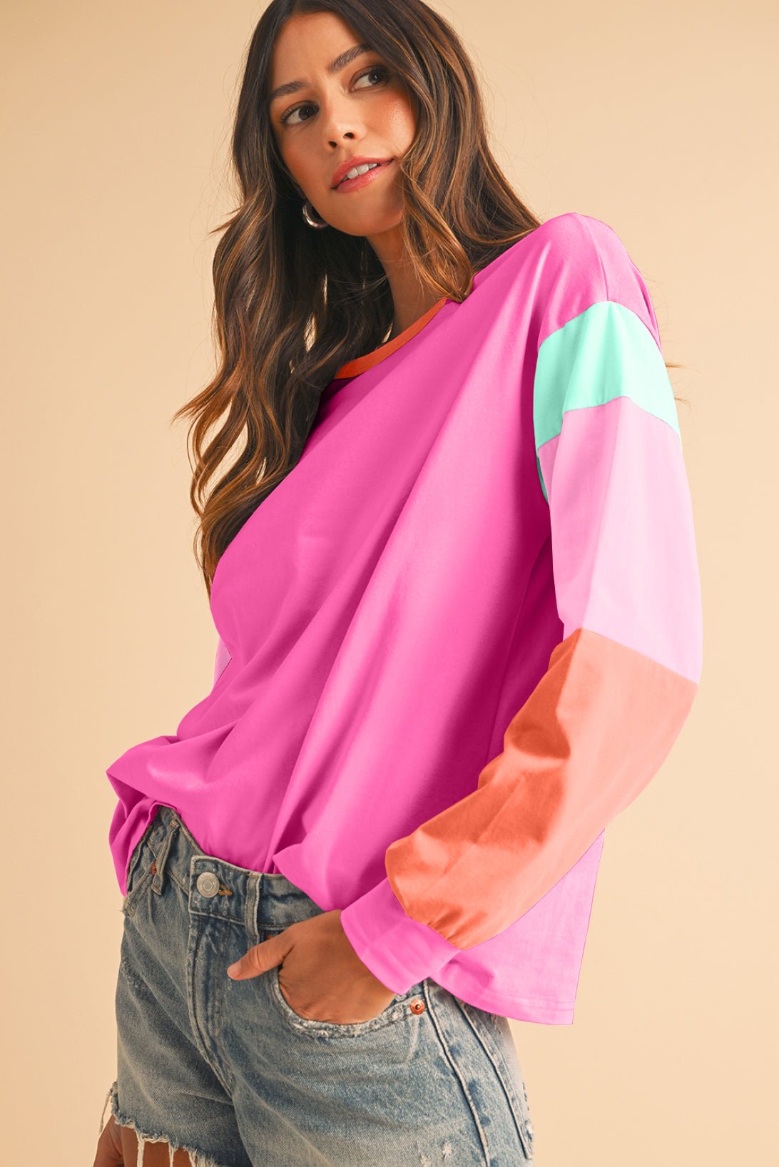 Light Blue Color Block Sleeve Loose Fit Top - MAD RUFFI