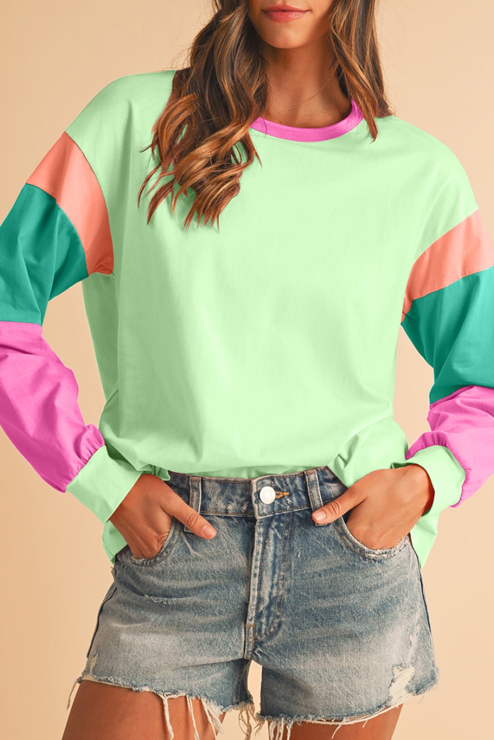 Light Blue Color Block Sleeve Loose Fit Top - MAD RUFFI