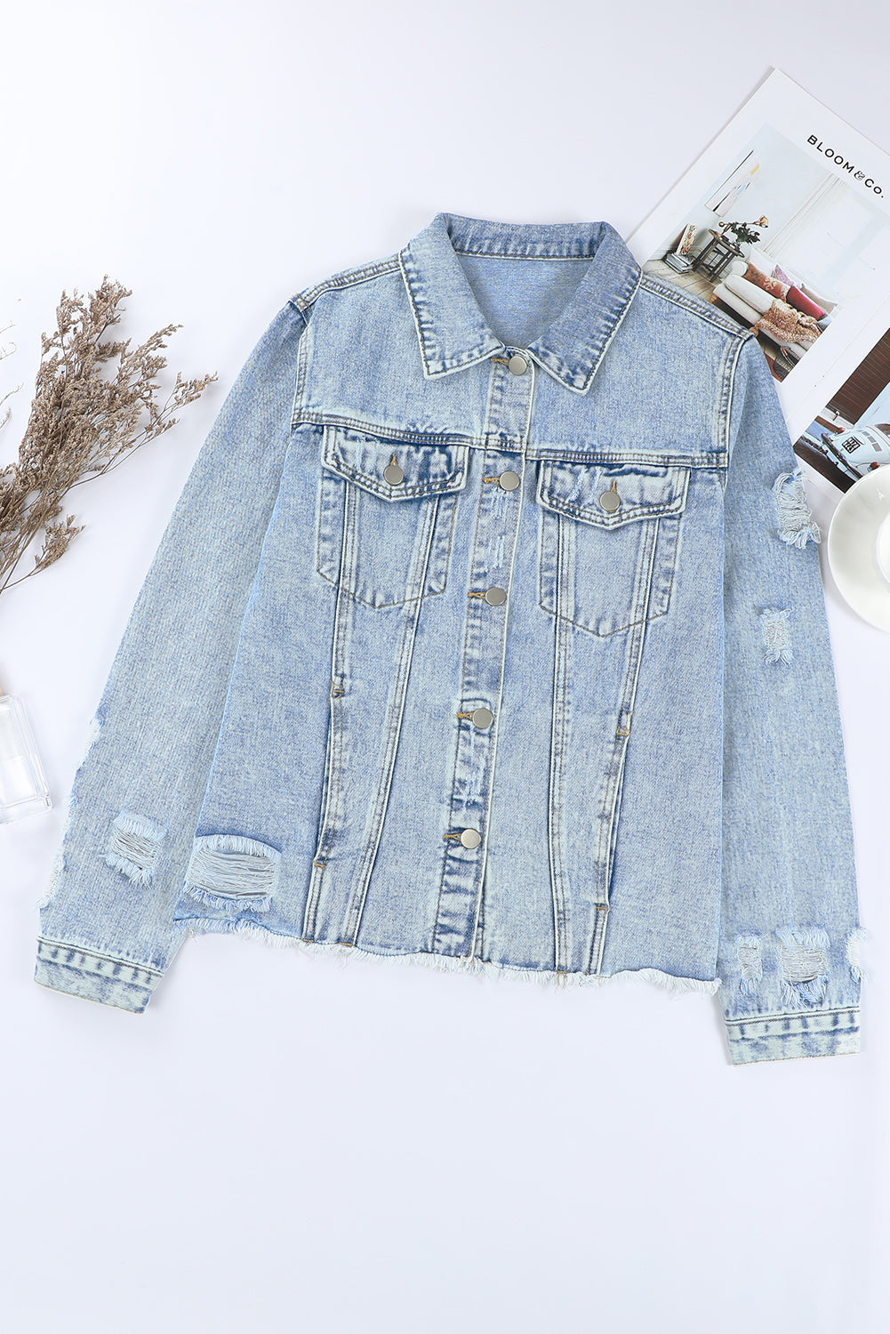 Light Blue Distressed Ripped Raw Hem Buttons Denim Jacket - MAD RUFFI