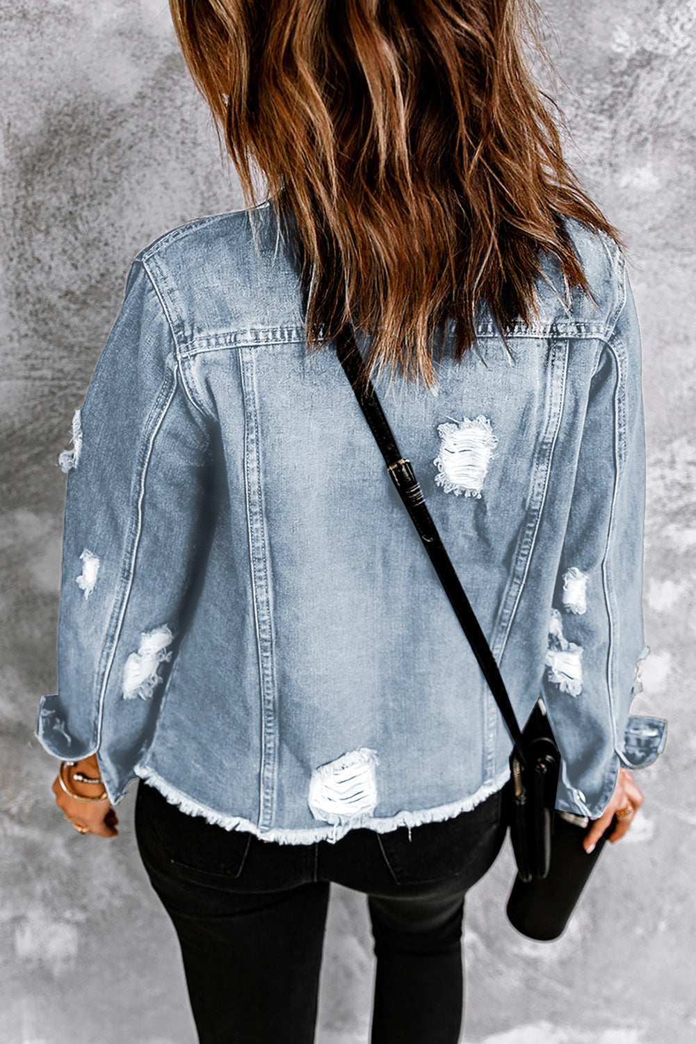 Light Blue Distressed Ripped Raw Hem Buttons Denim Jacket - MAD RUFFI