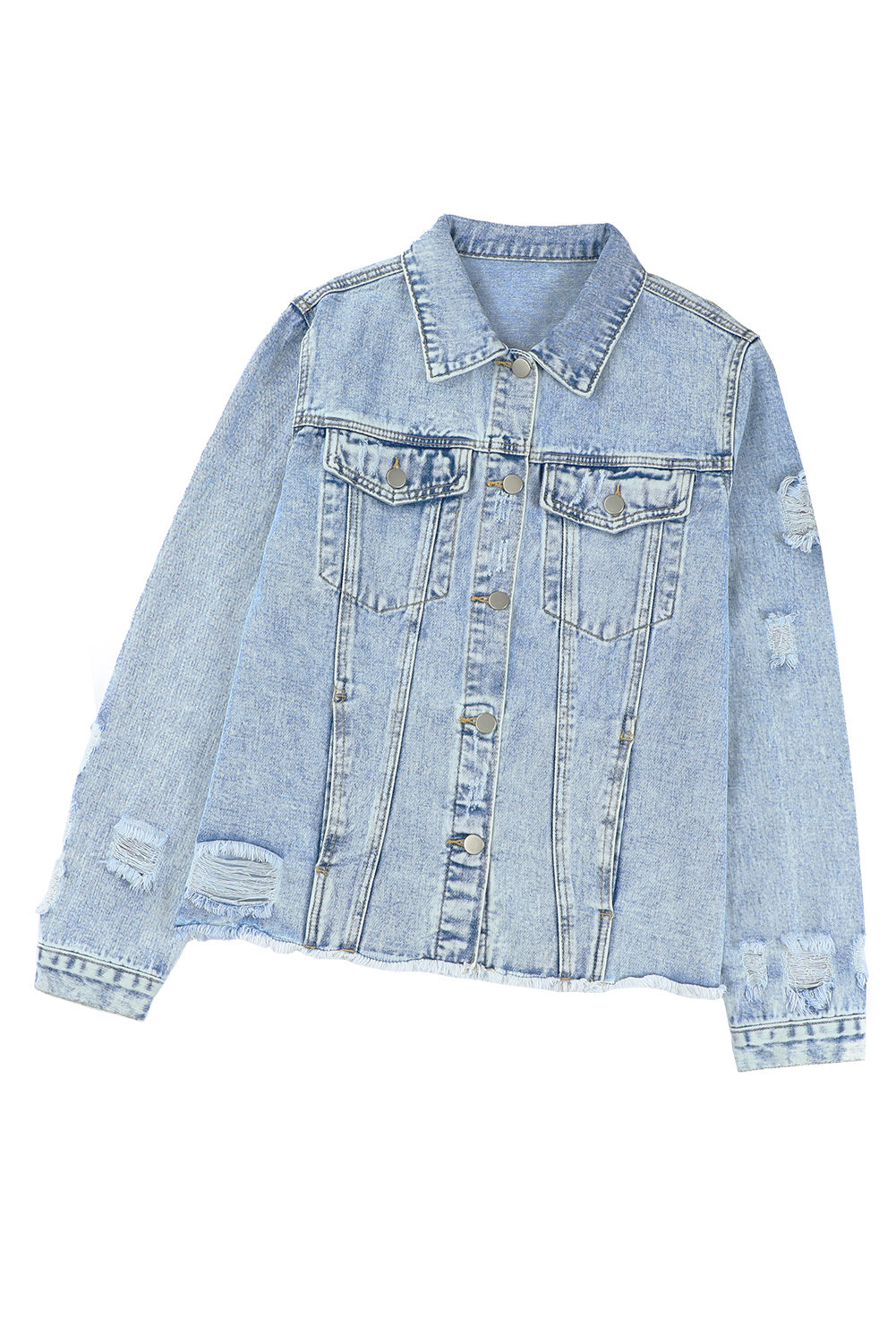 Light Blue Distressed Ripped Raw Hem Buttons Denim Jacket - MAD RUFFI