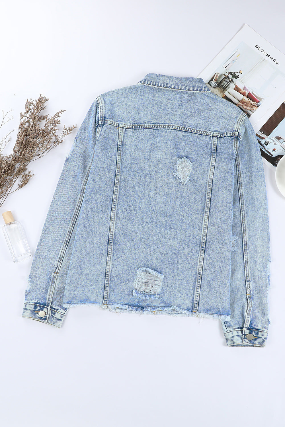 Light Blue Distressed Ripped Raw Hem Buttons Denim Jacket - MAD RUFFI