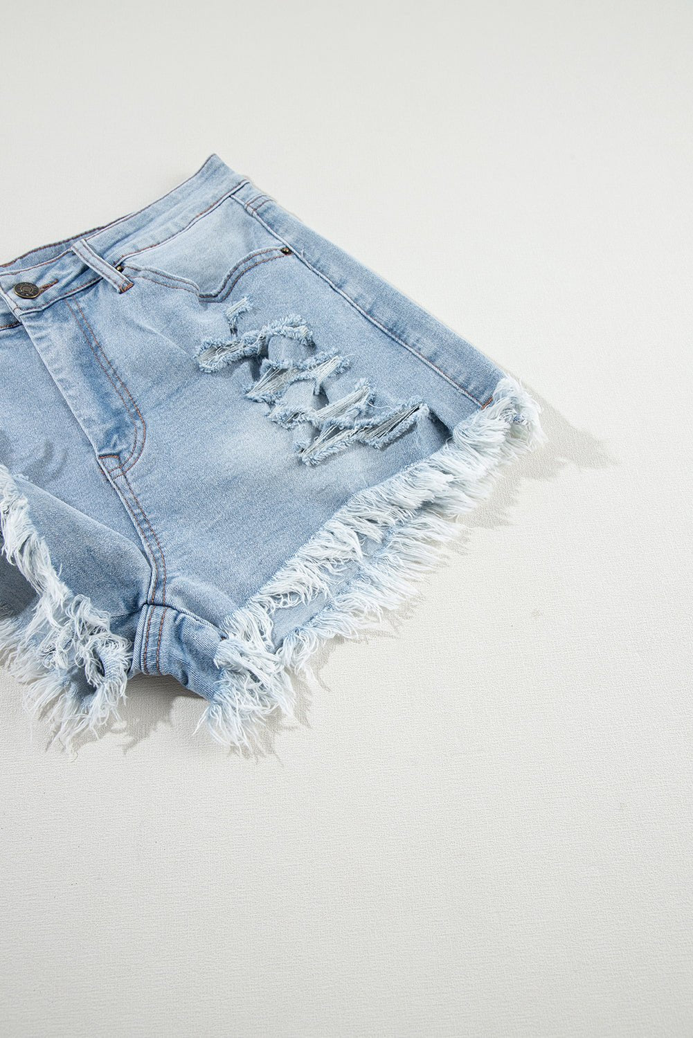 Light Blue Distressed Ripped Raw Hem High Waist Denim Shorts - MAD RUFFI