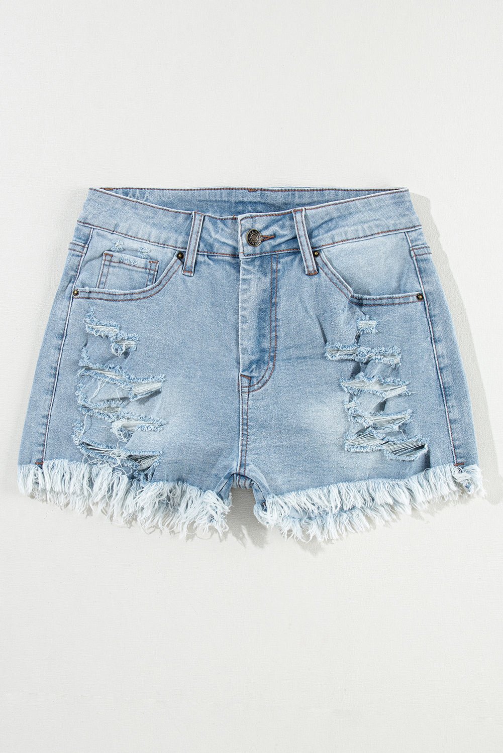 Light Blue Distressed Ripped Raw Hem High Waist Denim Shorts - MAD RUFFI