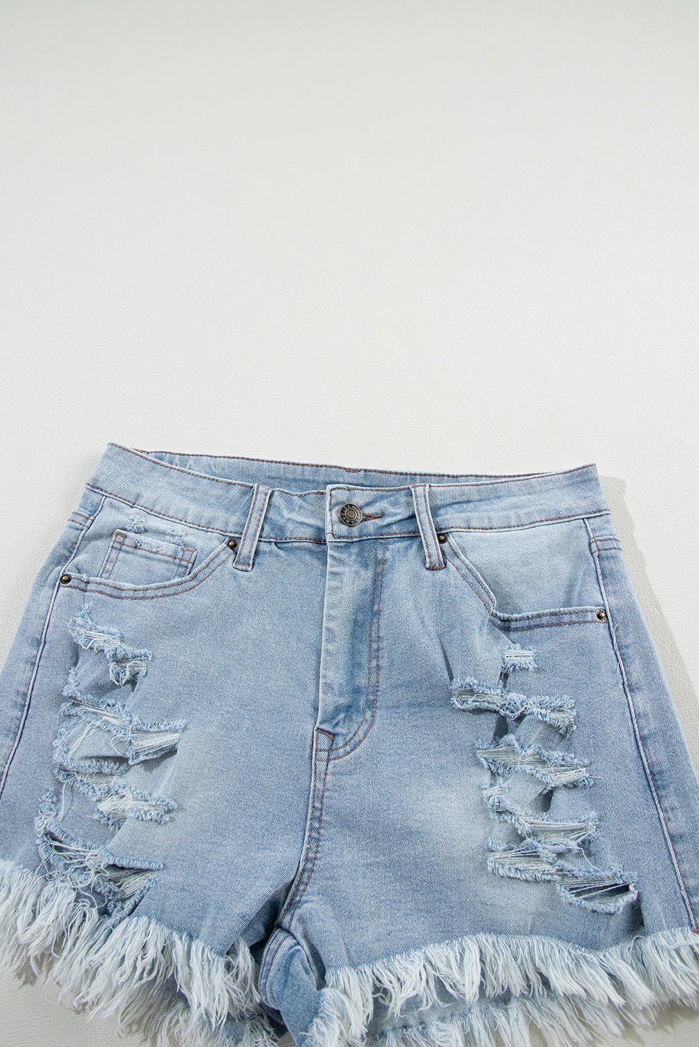 Light Blue Distressed Ripped Raw Hem High Waist Denim Shorts - MAD RUFFI
