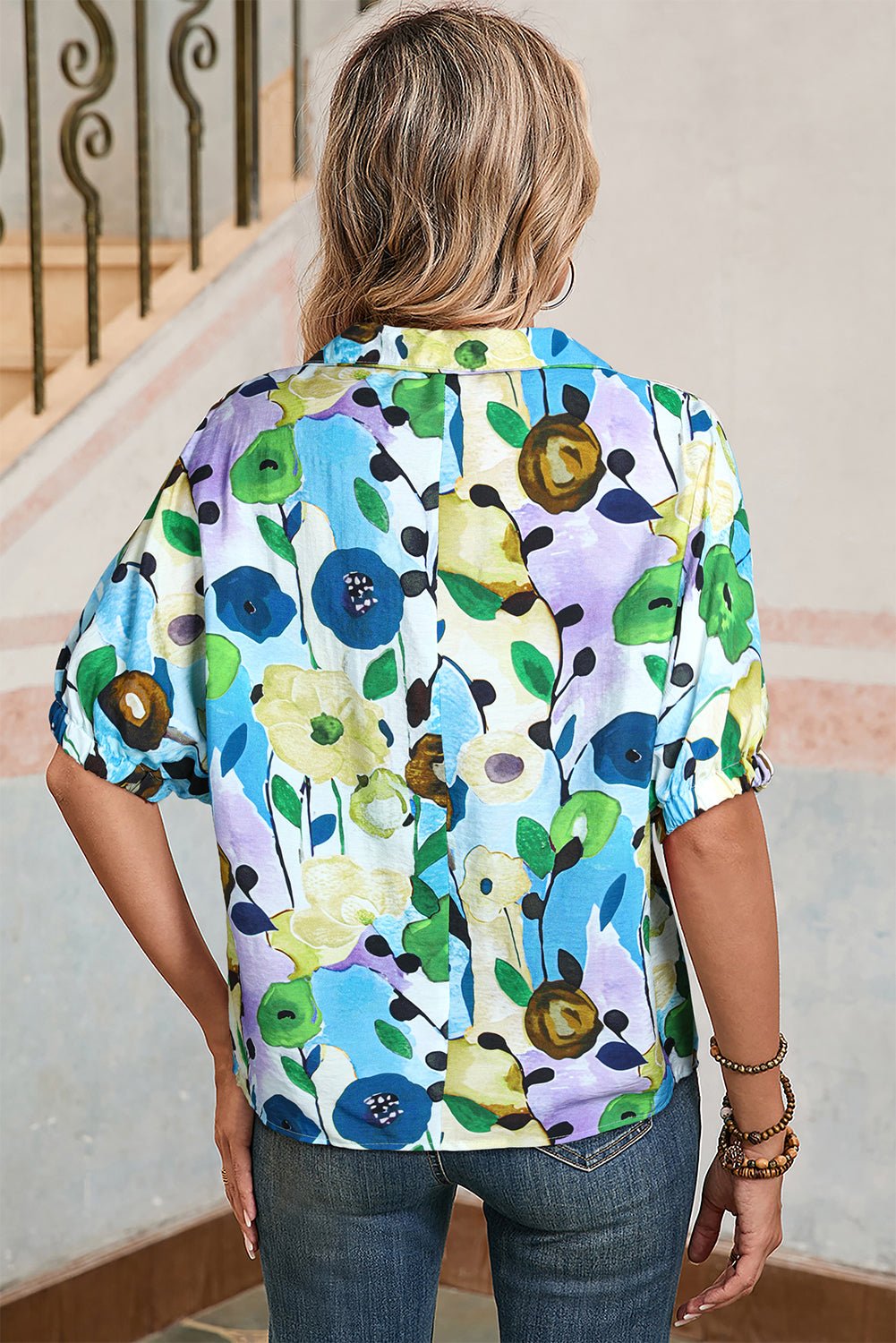 Light Blue Floral Print Boho Pop of Color Neckline Blouse - MAD RUFFI