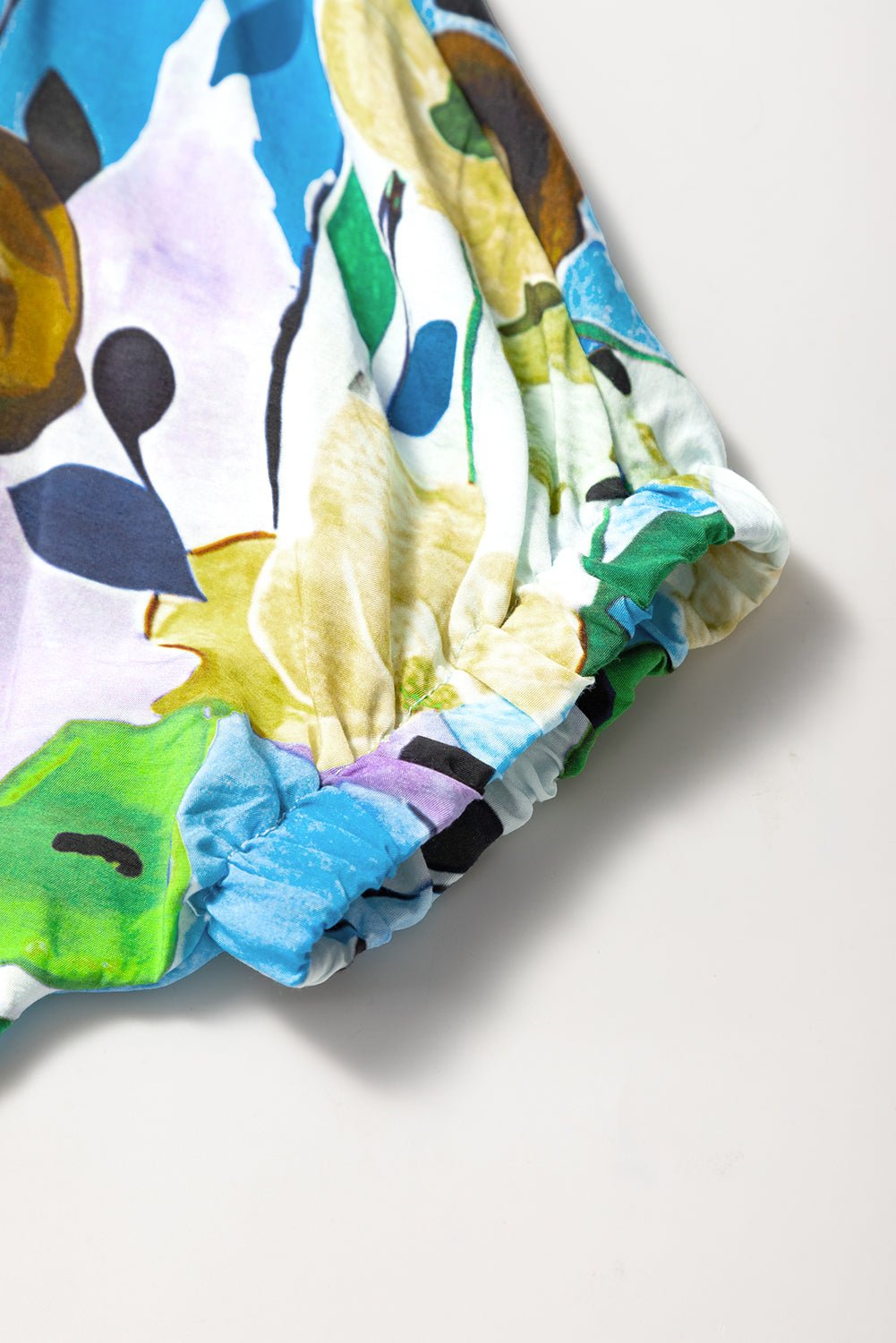 Light Blue Floral Print Boho Pop of Color Neckline Blouse - MAD RUFFI