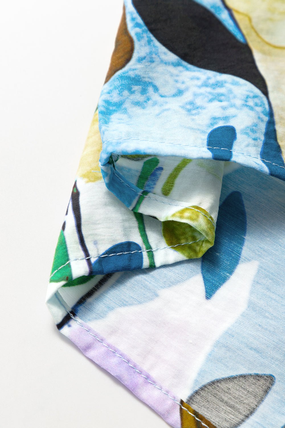 Light Blue Floral Print Boho Pop of Color Neckline Blouse - MAD RUFFI