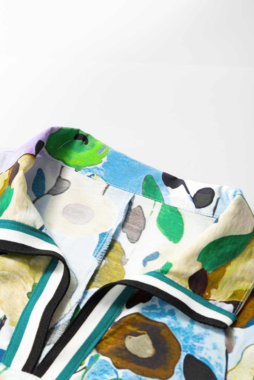 Light Blue Floral Print Boho Pop of Color Neckline Blouse - MAD RUFFI