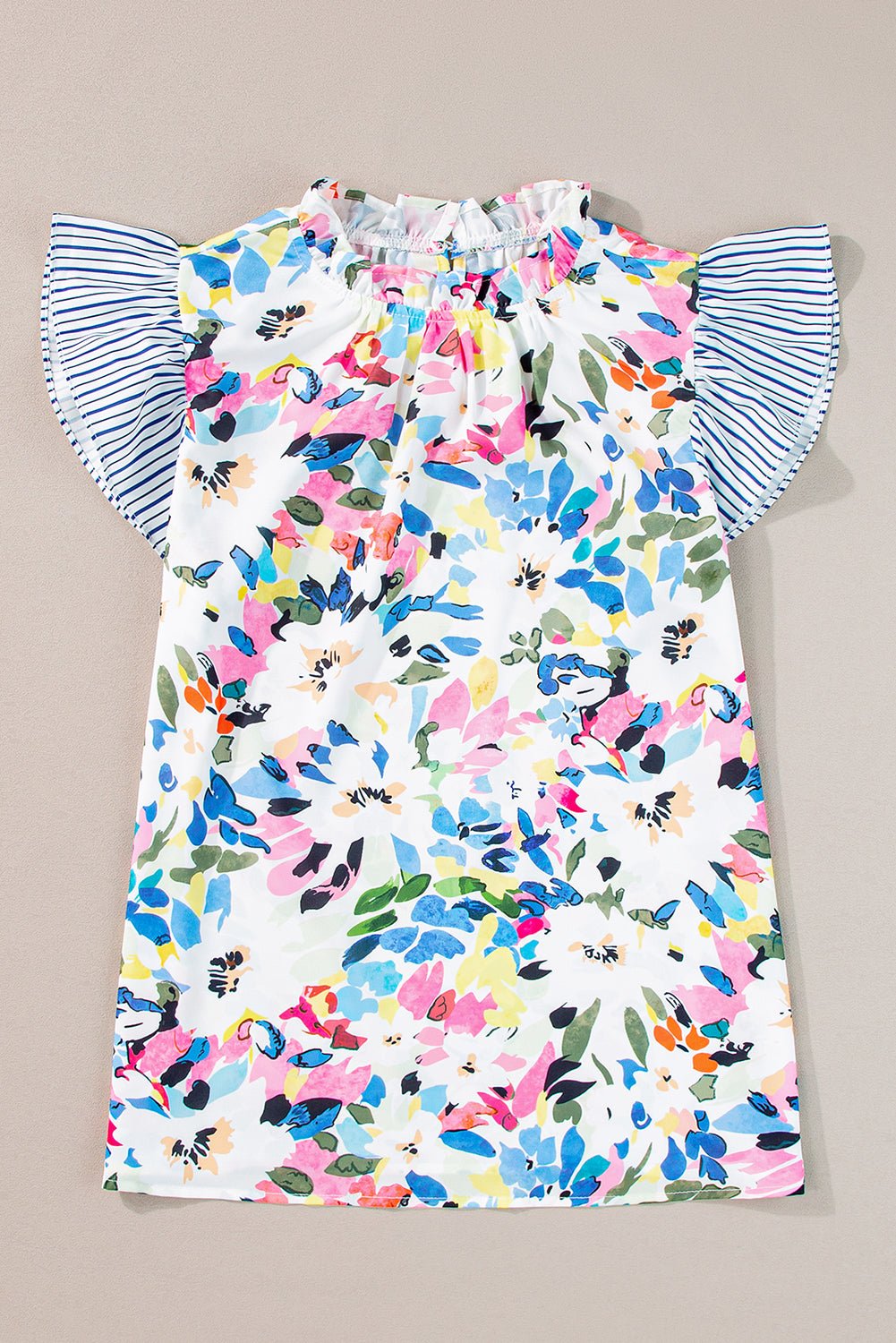 Light Blue Floral Print Frill Neck Striped Ruffle Blouse - MAD RUFFI