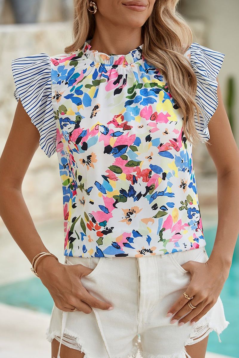 Light Blue Floral Print Frill Neck Striped Ruffle Blouse - MAD RUFFI