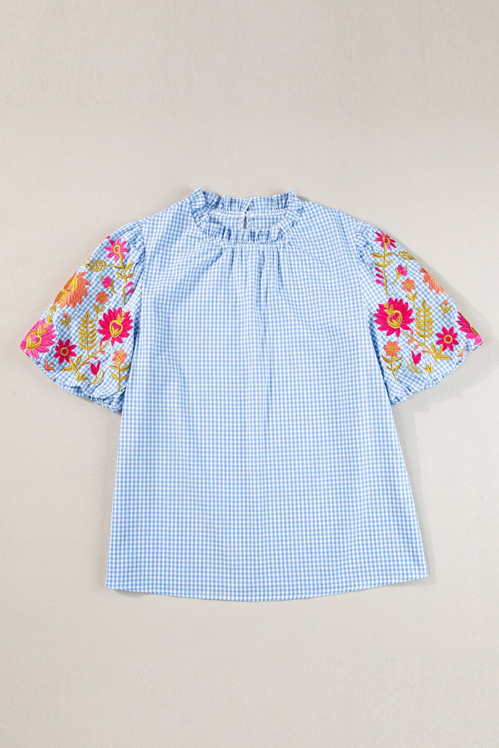 Light Blue Flower Embroidered Puff Sleeve Gingham Blouse - MAD RUFFI