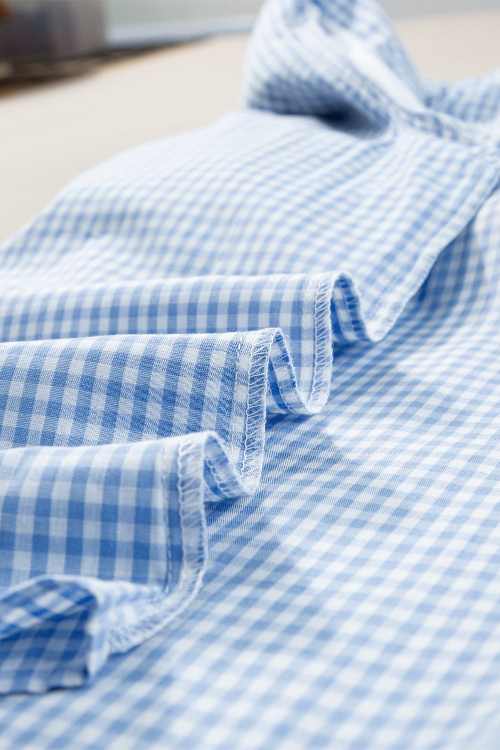 Light Blue Flower Embroidered Puff Sleeve Gingham Blouse - MAD RUFFI