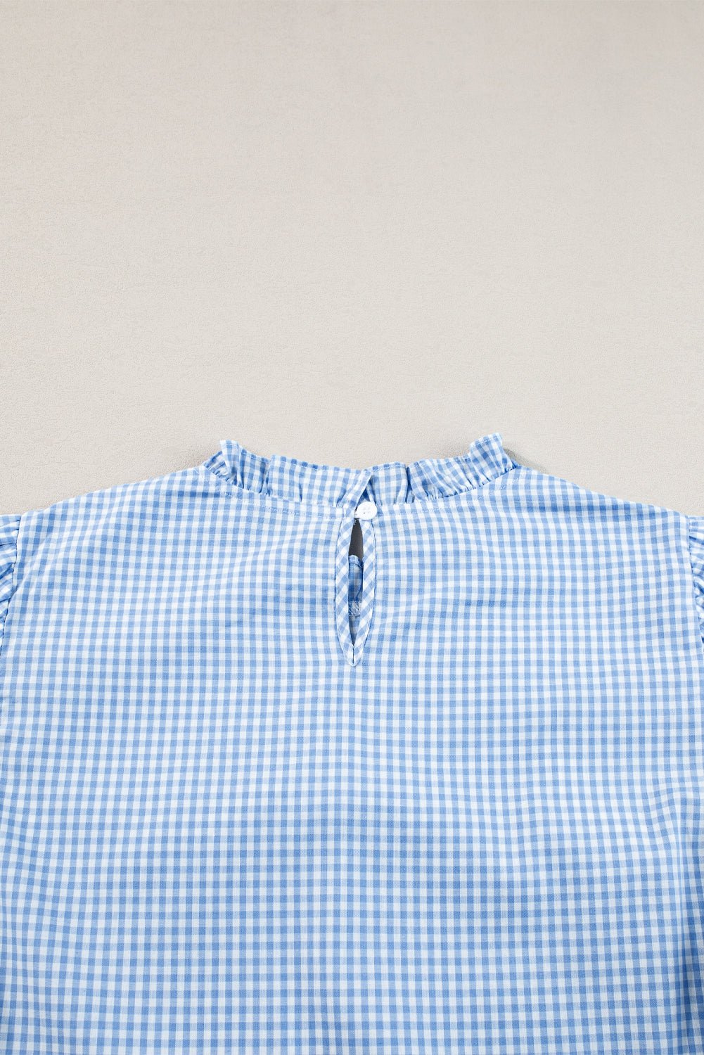 Light Blue Flower Embroidered Puff Sleeve Gingham Blouse - MAD RUFFI