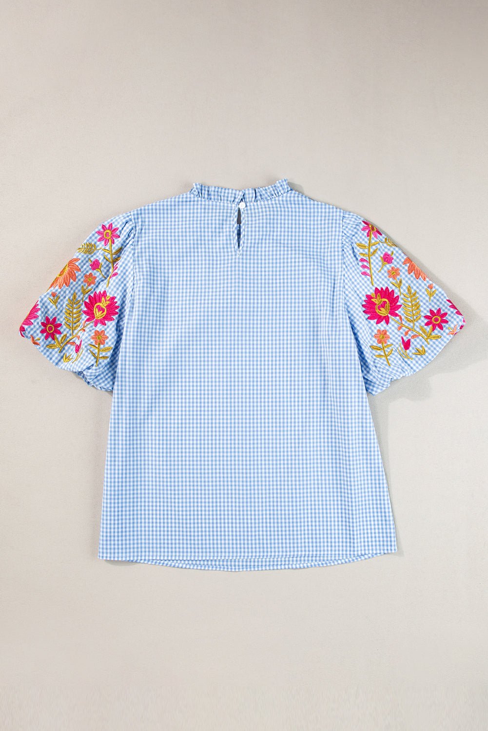 Light Blue Flower Embroidered Puff Sleeve Gingham Blouse - MAD RUFFI