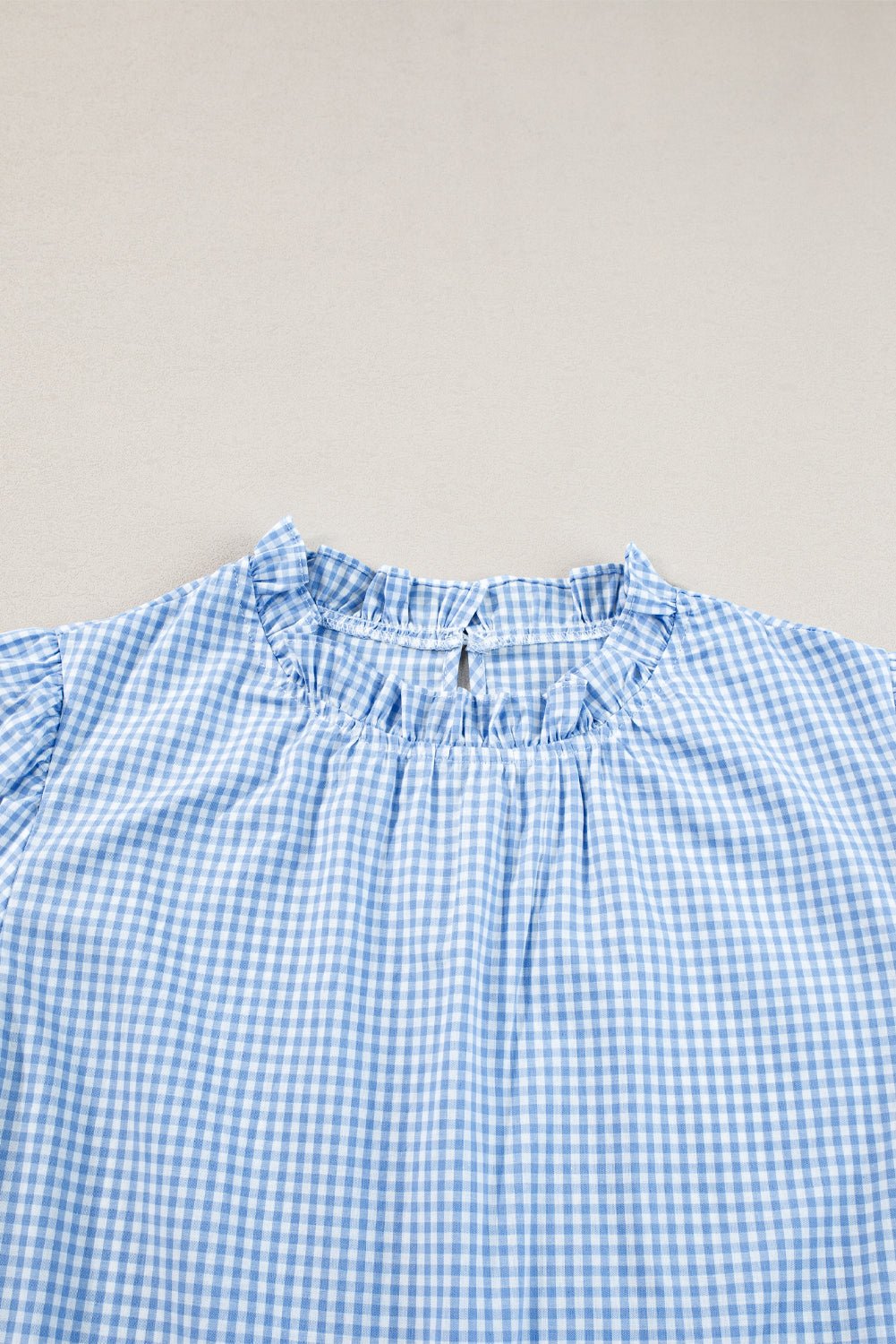 Light Blue Flower Embroidered Puff Sleeve Gingham Blouse - MAD RUFFI
