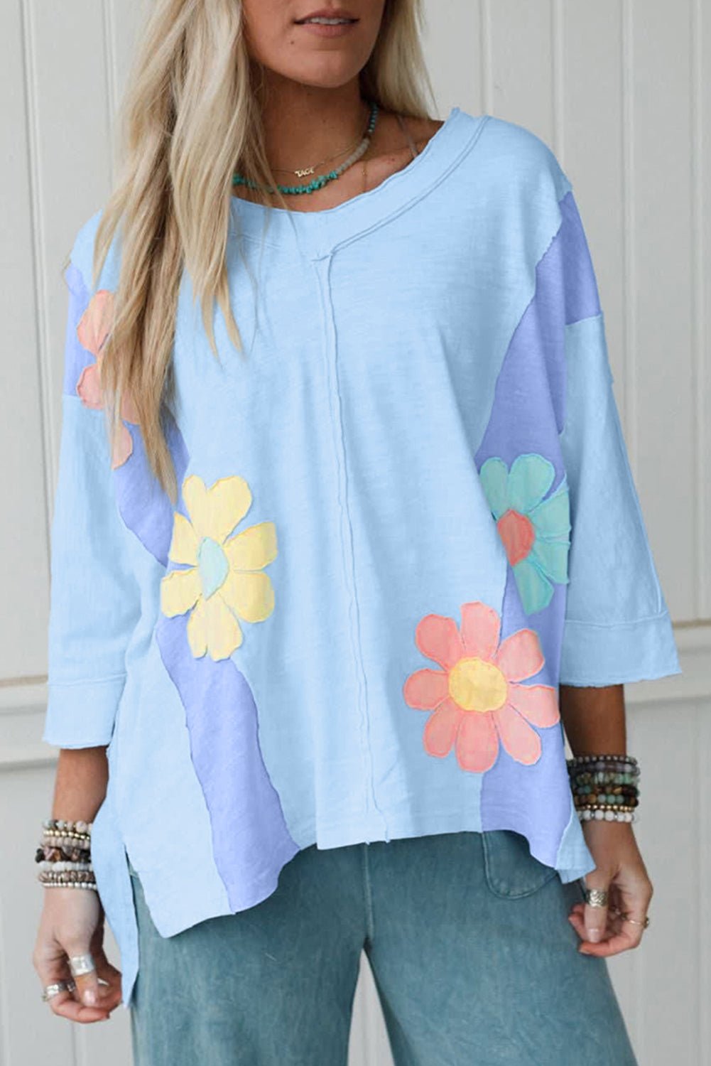 Light Blue Flower Patched Exposed Seam 3/4 Sleeve top - MAD RUFFI