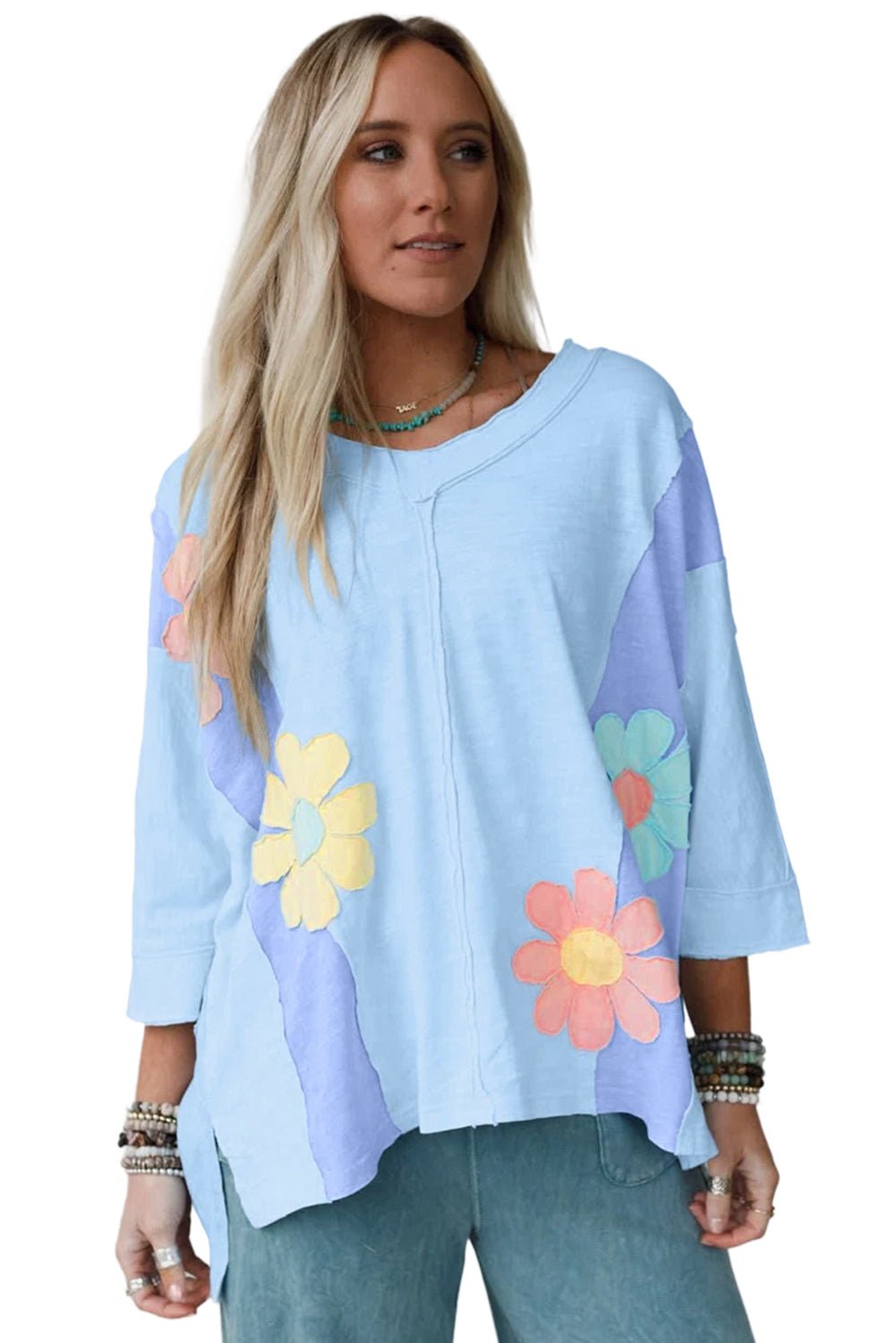 Light Blue Flower Patched Exposed Seam 3/4 Sleeve top - MAD RUFFI