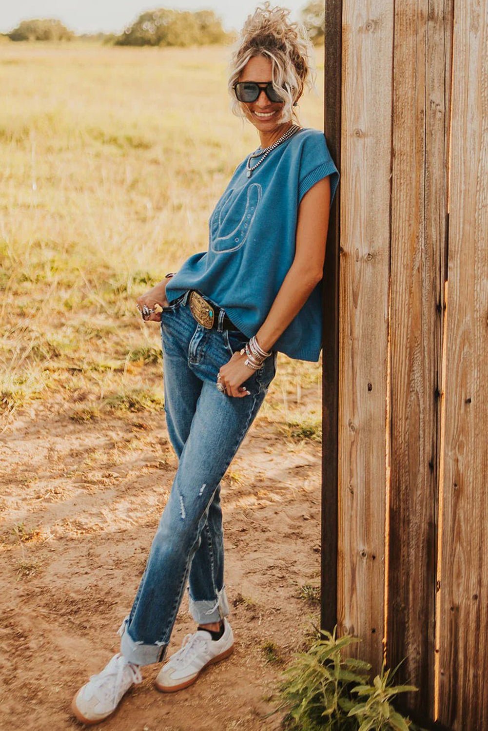 Light Blue Horseshoe Embroidered Loose Short Sleeve Sweater - MAD RUFFI