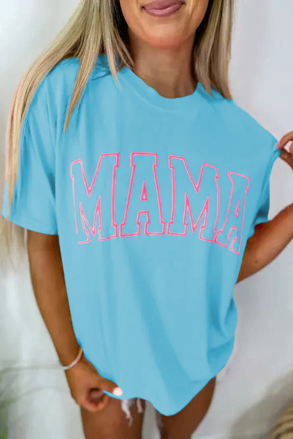 Light Blue MAMA Letter Graphic T Shirt - MAD RUFFI