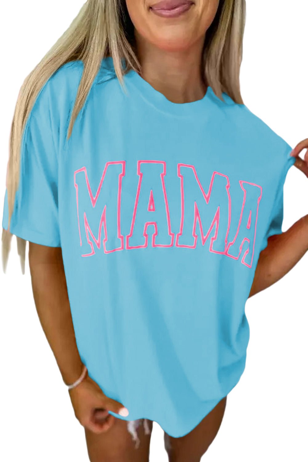 Light Blue MAMA Letter Graphic T Shirt - MAD RUFFI