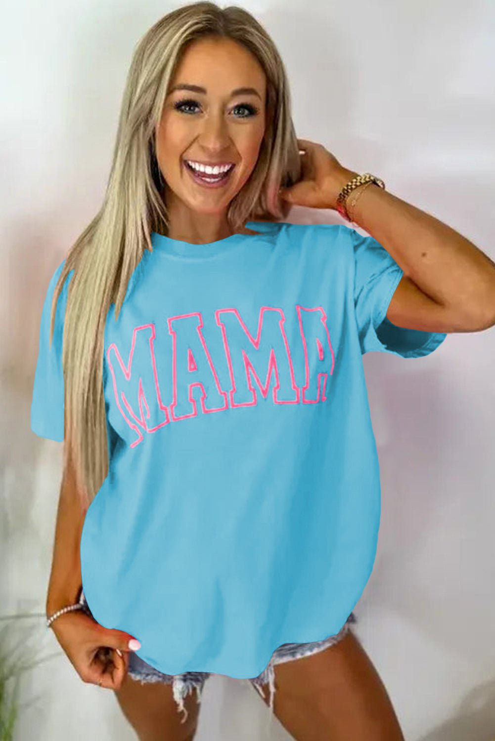 Light Blue MAMA Letter Graphic T Shirt - MAD RUFFI