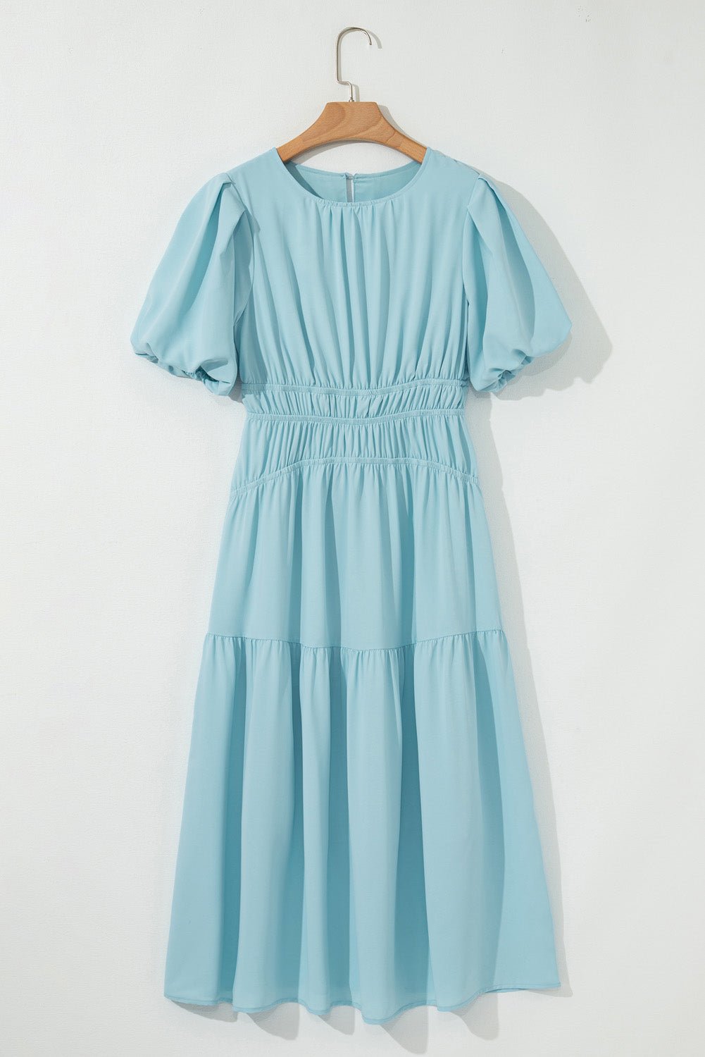 Light Blue Puff Sleeve High Waist Flowy Midi Dress - MAD RUFFI