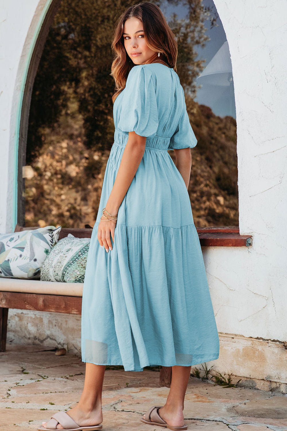 Light Blue Puff Sleeve High Waist Flowy Midi Dress - MAD RUFFI