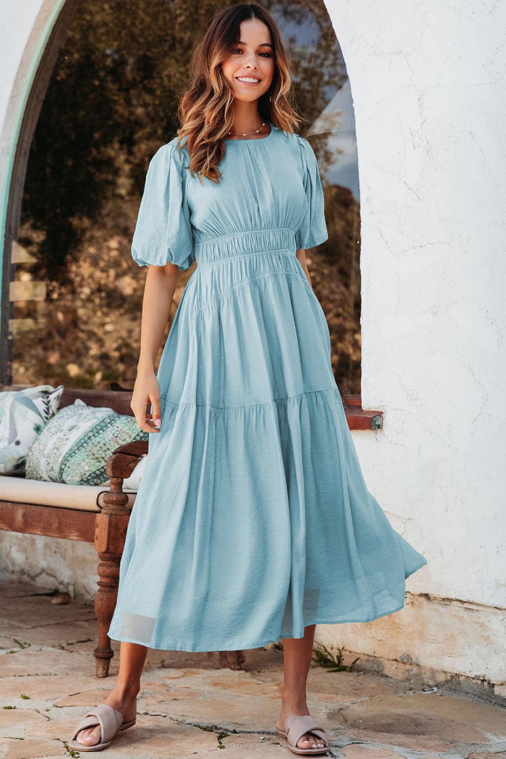 Light Blue Puff Sleeve High Waist Flowy Midi Dress - MAD RUFFI