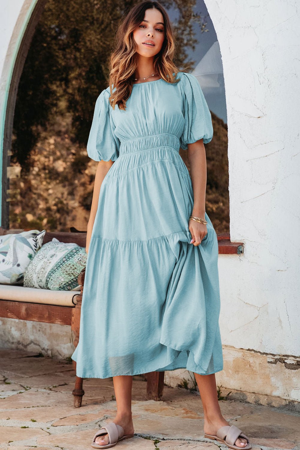Light Blue Puff Sleeve High Waist Flowy Midi Dress - MAD RUFFI