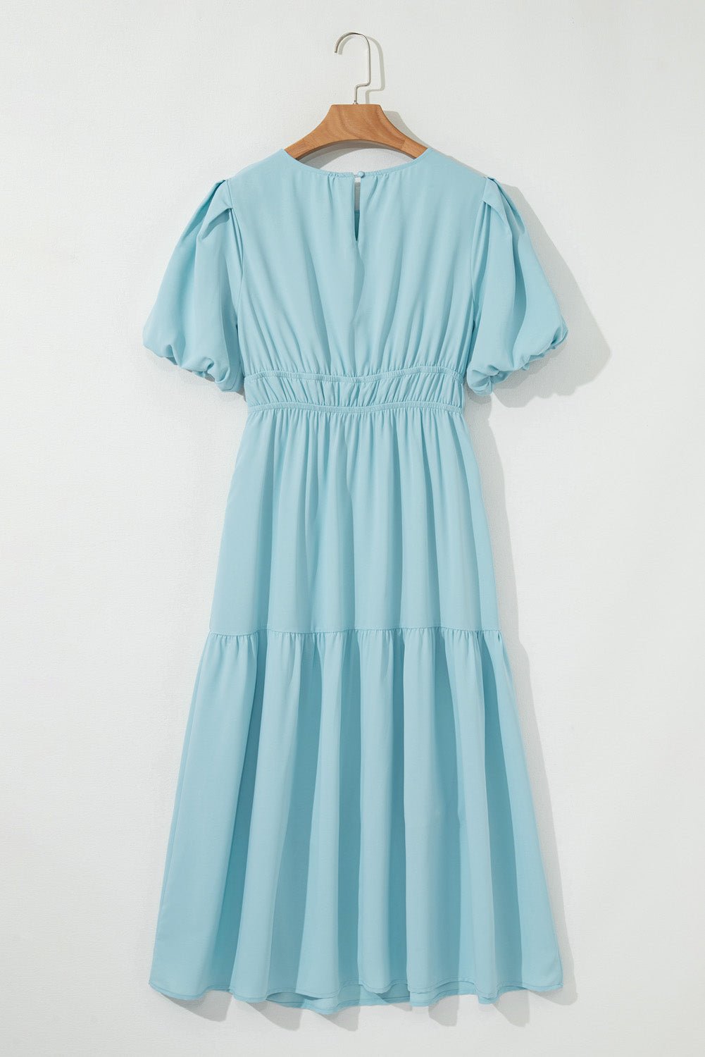 Light Blue Puff Sleeve High Waist Flowy Midi Dress - MAD RUFFI