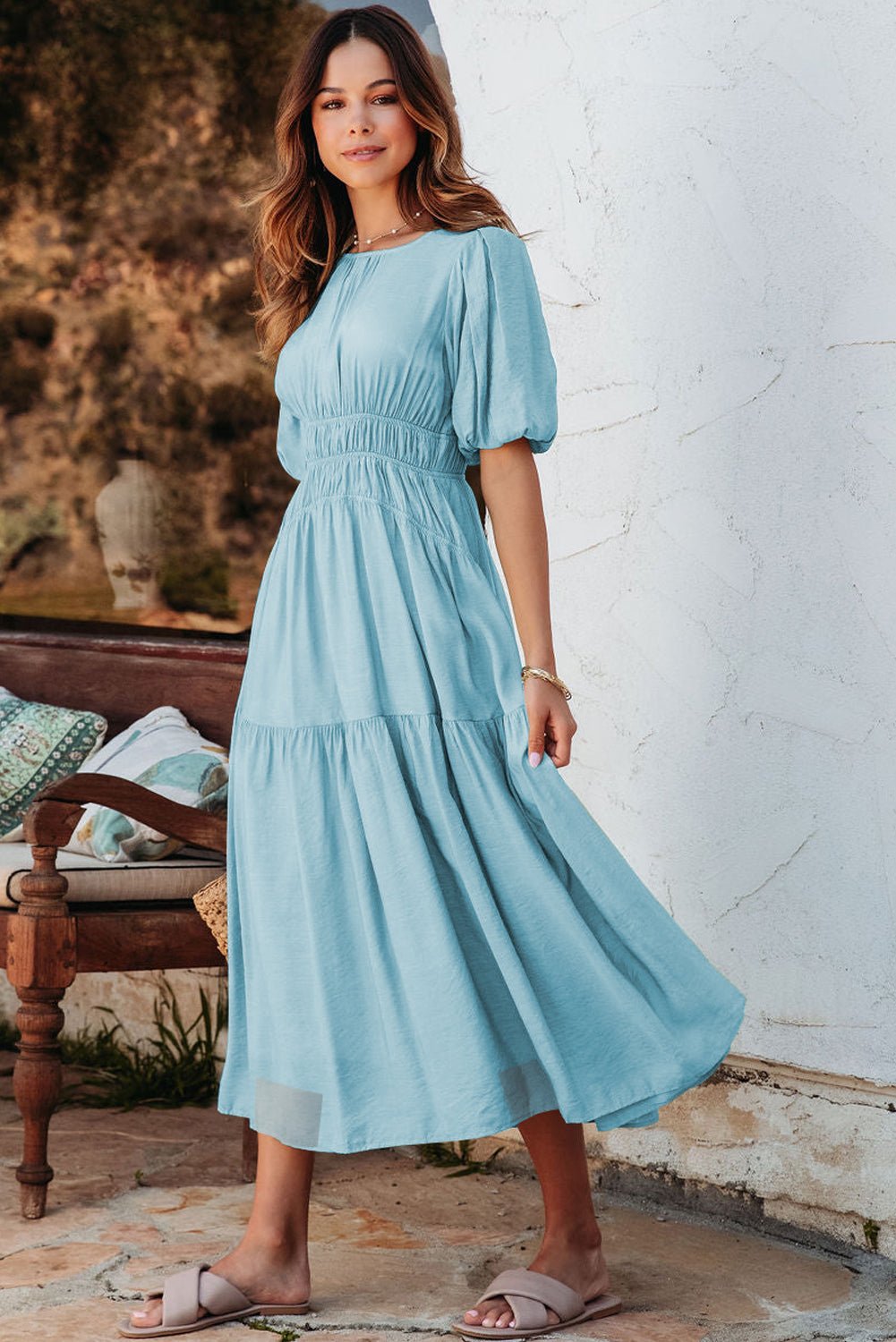 Light Blue Puff Sleeve High Waist Flowy Midi Dress - MAD RUFFI