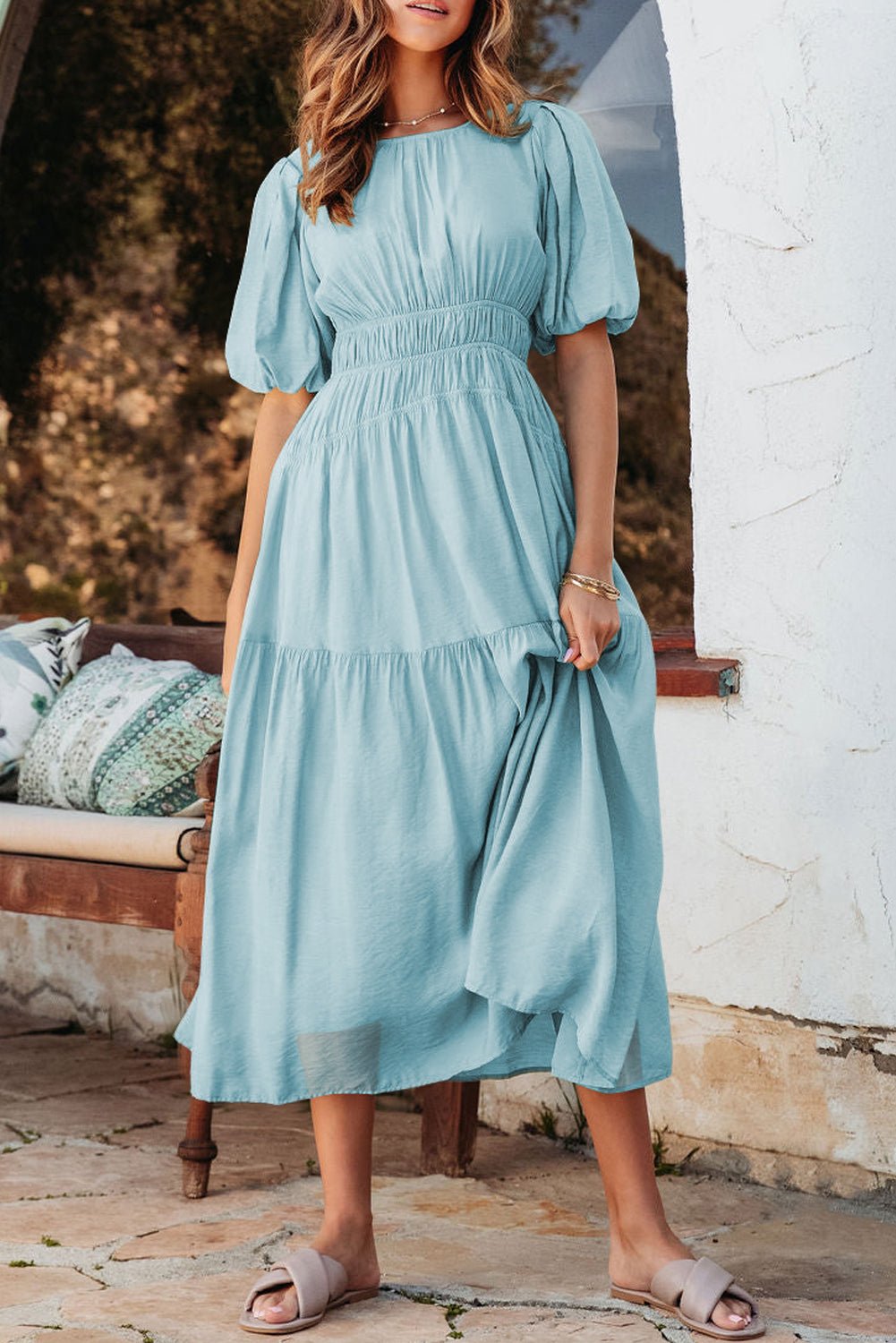 Light Blue Puff Sleeve High Waist Flowy Midi Dress - MAD RUFFI