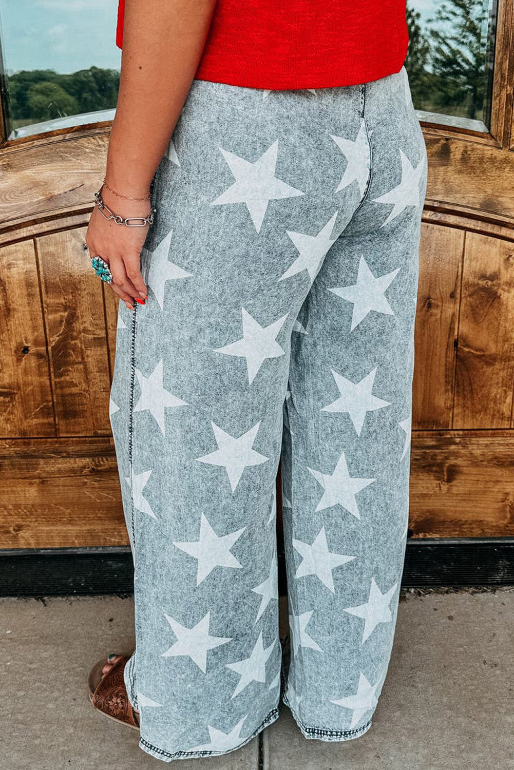 Light Blue Star Print Light Wash Drawstring High Waist Wide Leg Jeans - MAD RUFFI