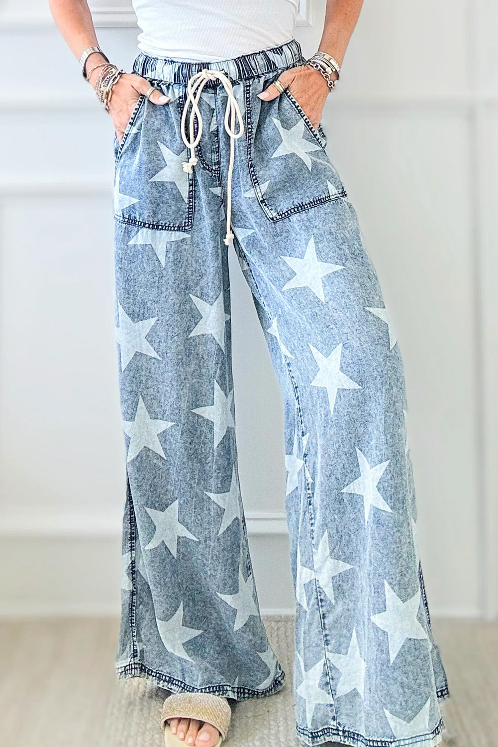 Light Blue Star Print Light Wash Drawstring High Waist Wide Leg Jeans - MAD RUFFI