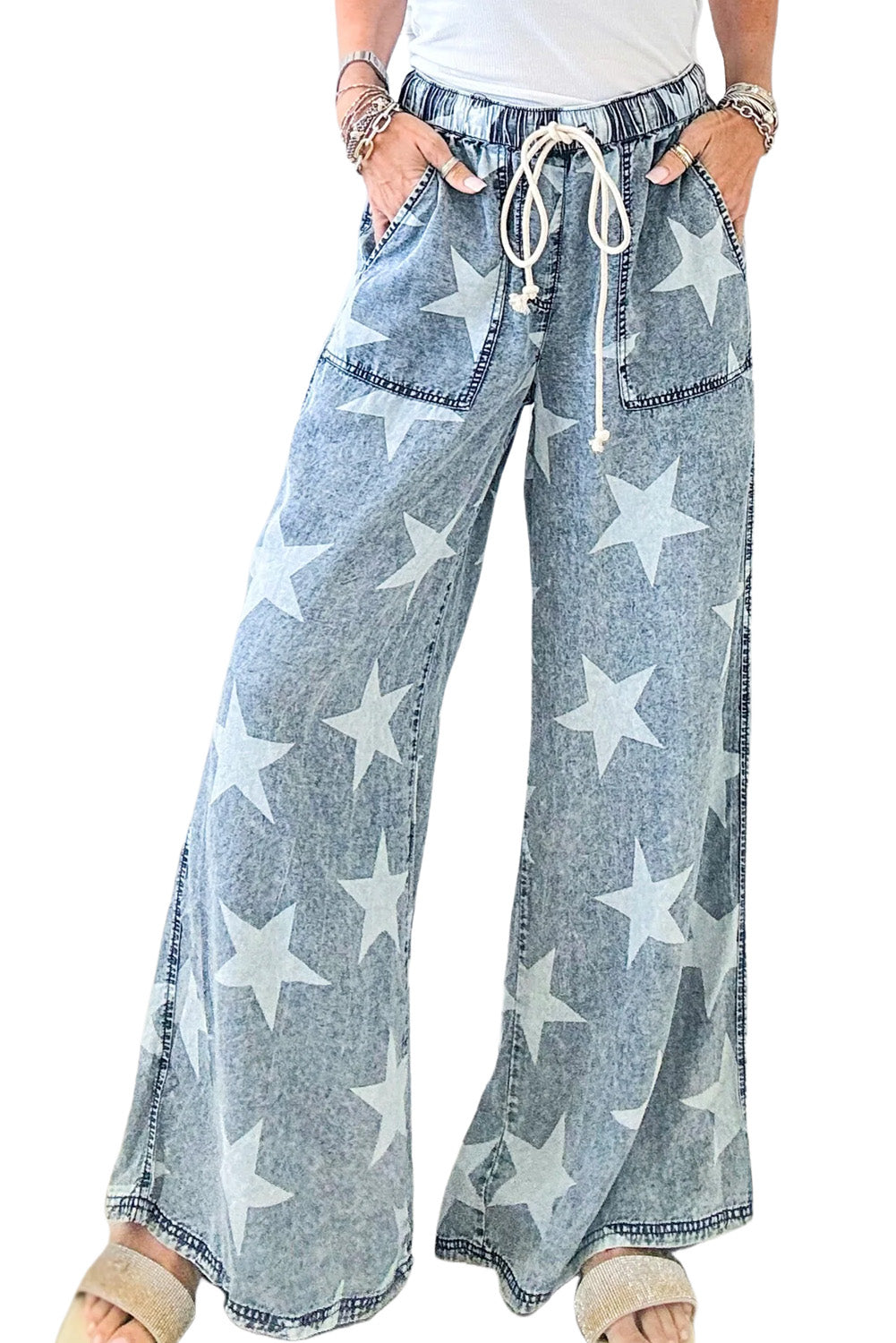 Light Blue Star Print Light Wash Drawstring High Waist Wide Leg Jeans - MAD RUFFI