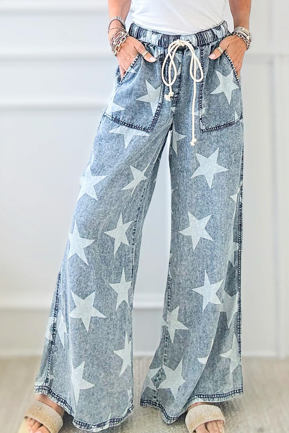 Light Blue Star Print Light Wash Drawstring High Waist Wide Leg Jeans - MAD RUFFI