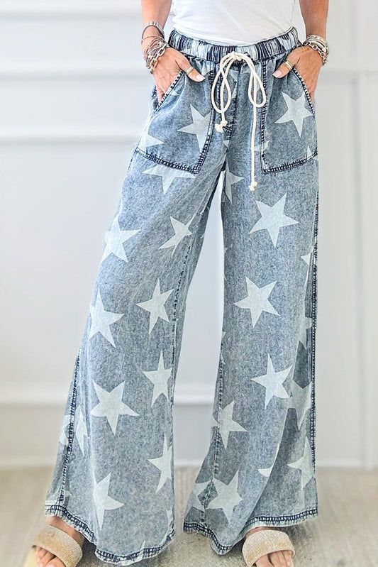 Light Blue Star Print Light Wash Drawstring High Waist Wide Leg Jeans - MAD RUFFI