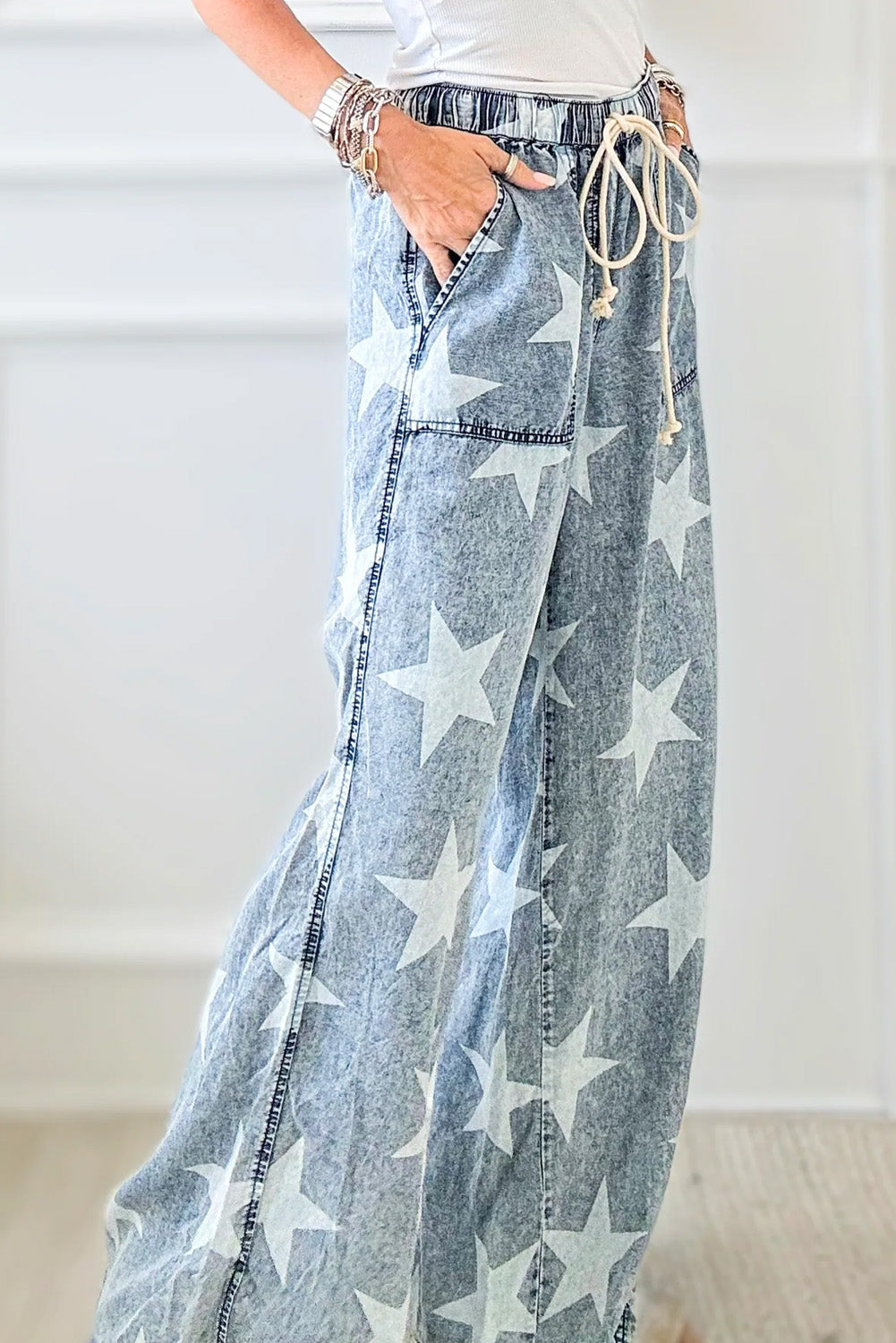 Light Blue Star Print Light Wash Drawstring High Waist Wide Leg Jeans - MAD RUFFI